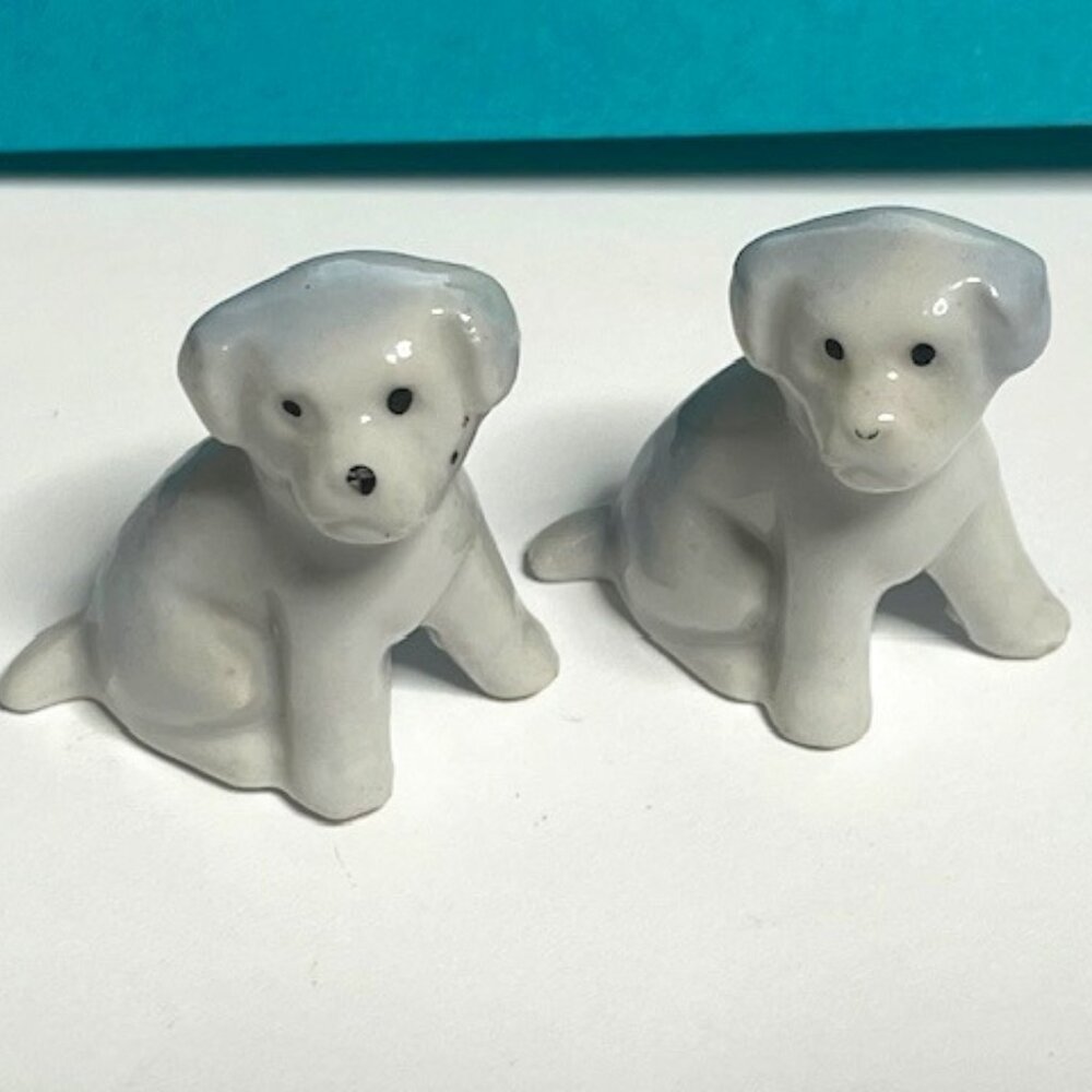 TWO Miniature Vintage White Dog Puppies Porcelain Figurines 1.5"
